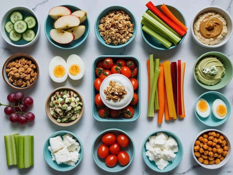 10 guilt-free snacks low-calorie recipes arranged on marble surface including cucumber bites, apple slices, and yogurt parfait for healthy eating