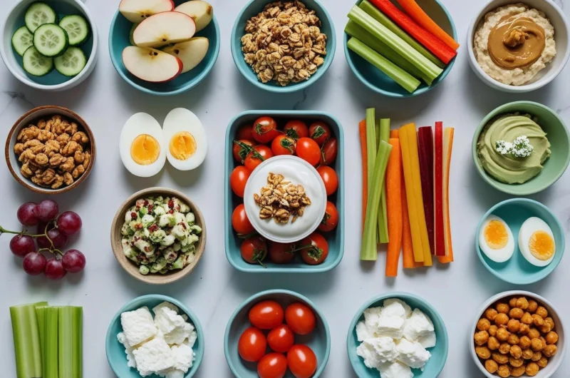 10 guilt-free snacks low-calorie recipes arranged on marble surface including cucumber bites, apple slices, and yogurt parfait for healthy eating