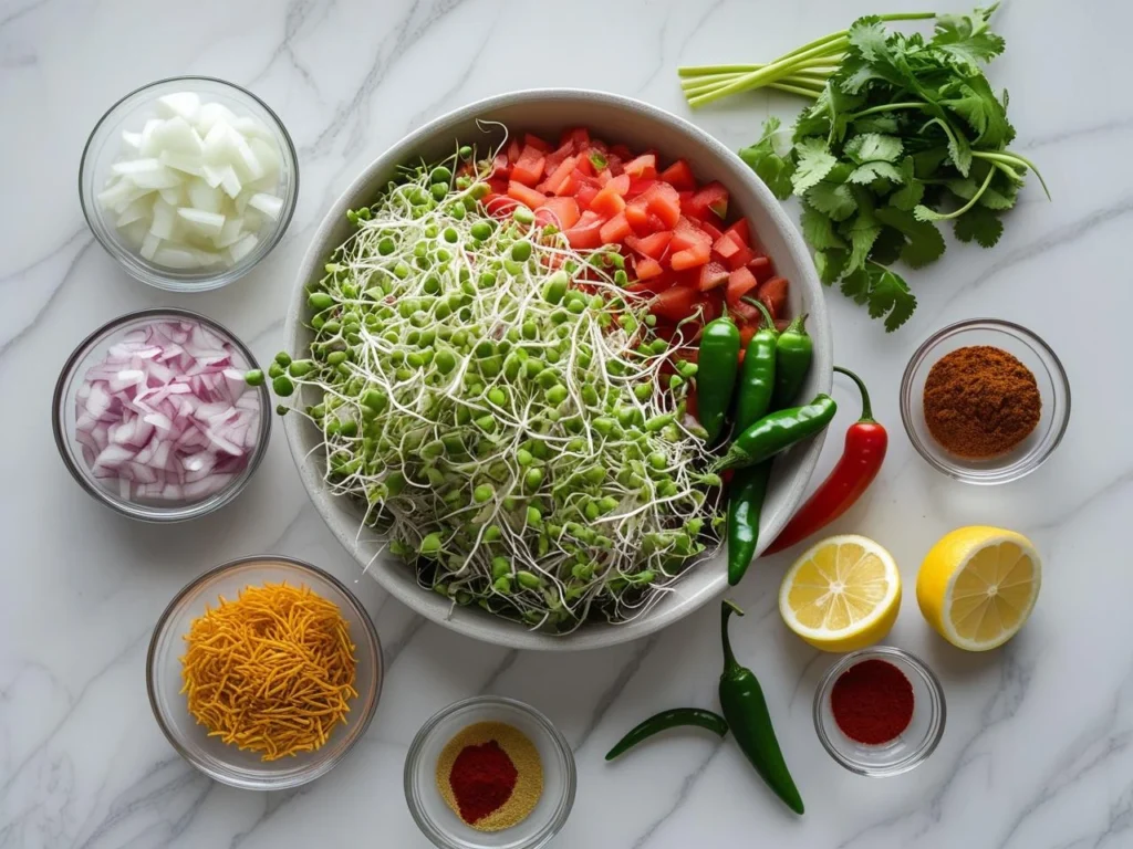Flat lay of matki bhel ingredients including sprouted beans, vegetables, spices, and lemon on marble surface