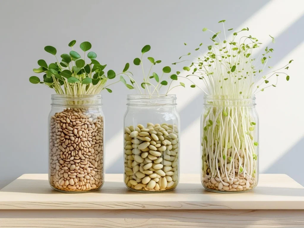 Three jars showing matki bean sprouting process from raw beans to fully sprouted moth beans