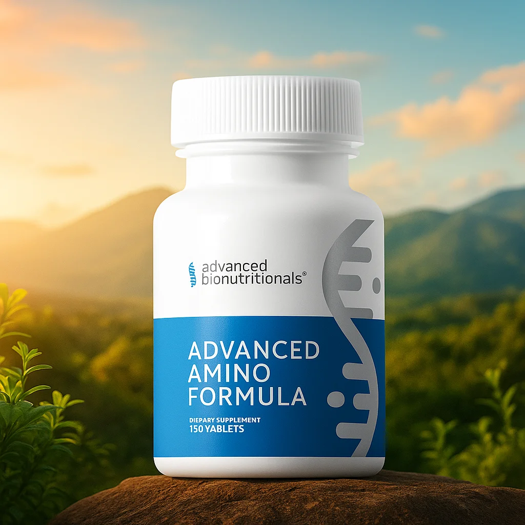Advanced Amino Formula Supplements bottles with capsules showing health and fitness benefits for muscle building and recovery