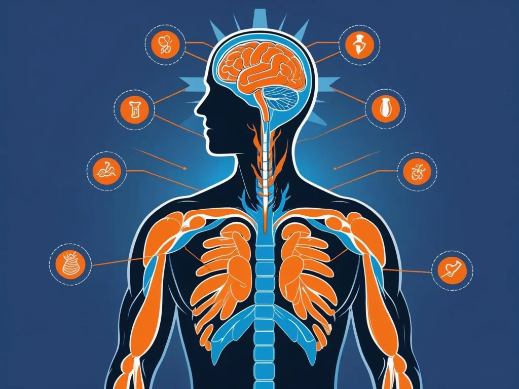 Comprehensive infographic showing how Advanced Amino Formula Supplements benefit muscle building, brain function, and energy levels in human body