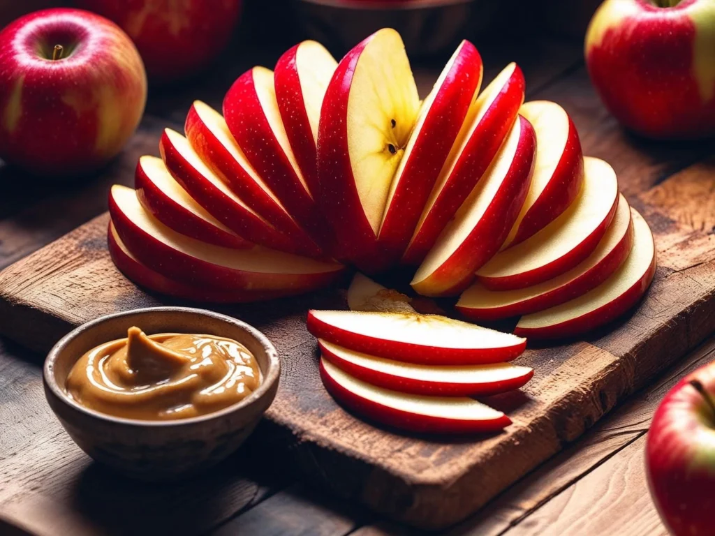 Apple slices with almond butter guilt-free snacks low-calorie recipe showing fresh red apple slices with natural almond butter for healthy snacking