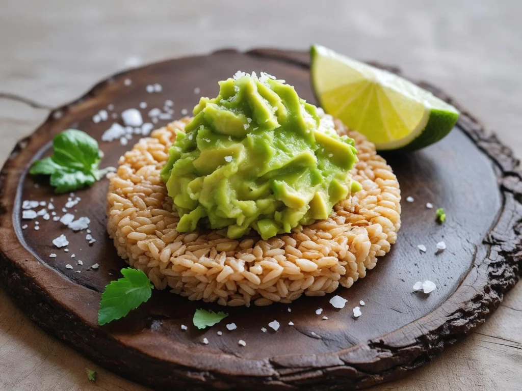 Avocado rice cake guilt-free snacks low-calorie recipe with mashed avocado, lime, and sea salt on brown rice cake