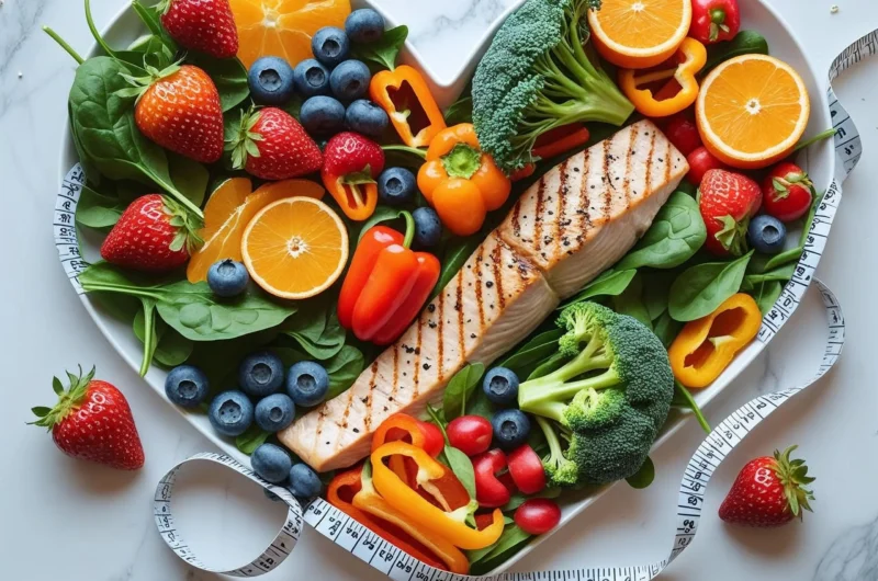 Best weight loss diet plan for women featuring healthy foods including fruits vegetables lean proteins and whole grains arranged in heart shape