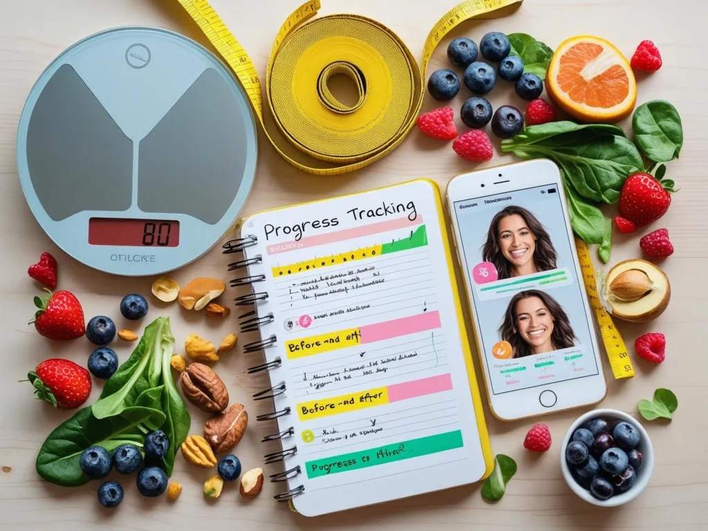 Best weight loss diet plan for women progress tracking tools including scale measuring tape fitness app and food journal for monitoring success