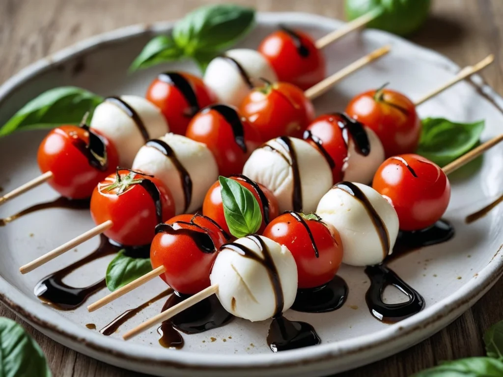 Cherry tomato caprese skewers guilt-free snacks low-calorie recipe with tomatoes, mozzarella balls, and fresh basil on wooden picks