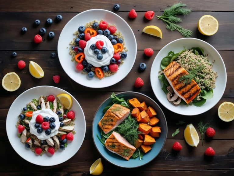 Colorful collection of 20 best weight loss meals including Greek yogurt parfait, grilled chicken salad, salmon bowl, and vegetable omelet arranged on wooden table