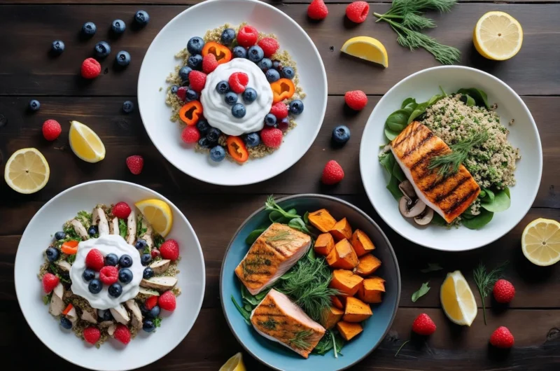 Colorful collection of 20 best weight loss meals including Greek yogurt parfait, grilled chicken salad, salmon bowl, and vegetable omelet arranged on wooden table