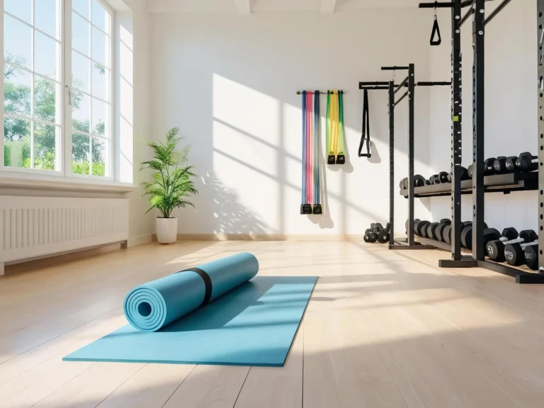 Perfect home gym on a budget with essential equipment including yoga mat, resistance bands, and dumbbells in modern living room