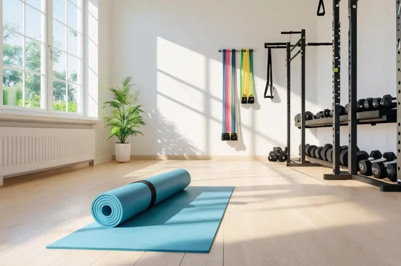 Perfect home gym on a budget with essential equipment including yoga mat, resistance bands, and dumbbells in modern living room