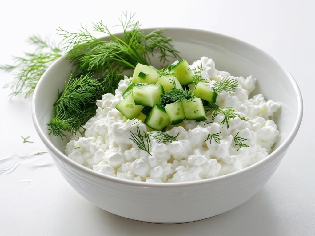 Cottage cheese with cucumber and dill guilt-free snacks low-calorie recipe in white bowl with fresh herbs and diced cucumber