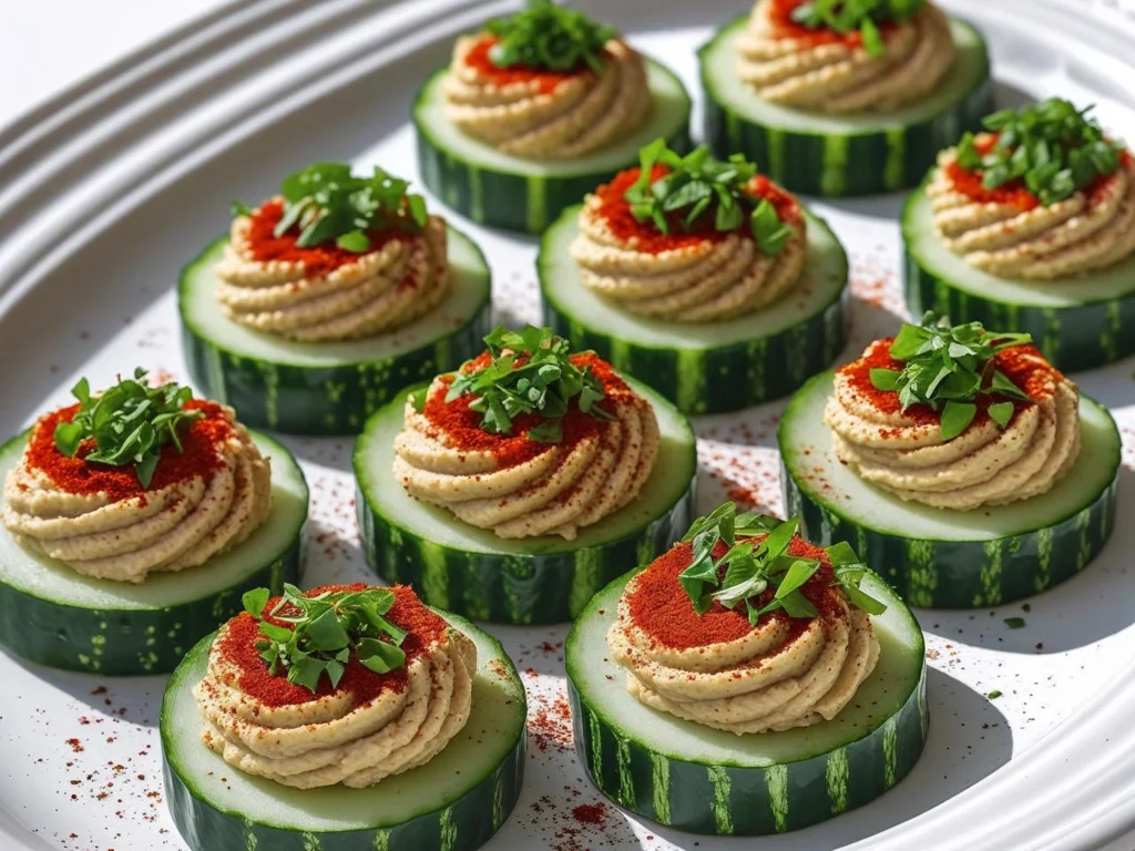 Cucumber hummus bites guilt-free snacks low-calorie recipe with fresh cucumber rounds topped with creamy hummus and herbs