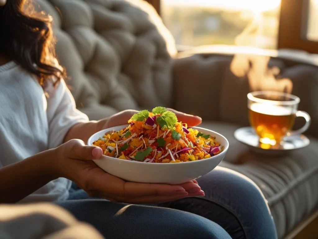 Person enjoying bowl of matki bhel as evening snack with tea in cozy home setting