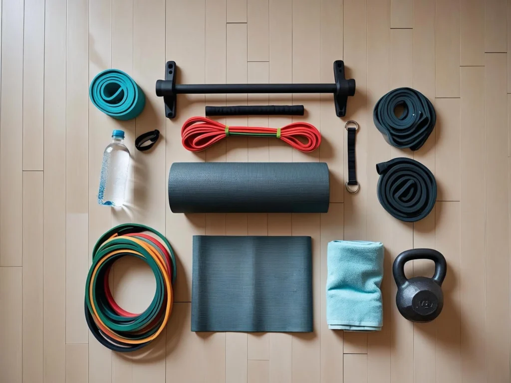 Affordable home gym equipment layout showing perfect home gym on a budget essentials including resistance bands, yoga mat, and kettlebell