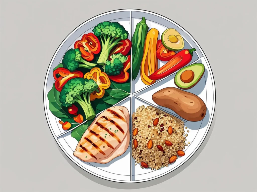 Balanced weight loss meal plate showing proper portions of vegetables, lean protein, complex carbohydrates, and healthy fats for optimal nutrition