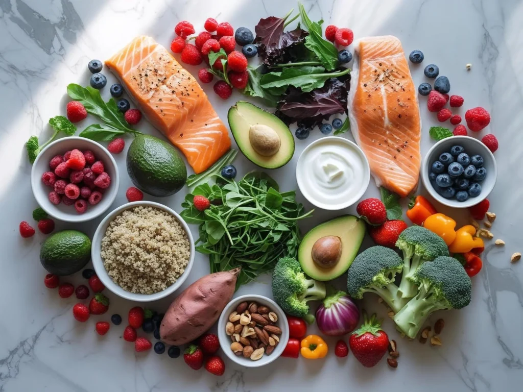 Fresh healthy ingredients for weight loss meals including salmon, chicken, quinoa, Greek yogurt, berries, vegetables, and avocado on marble surface