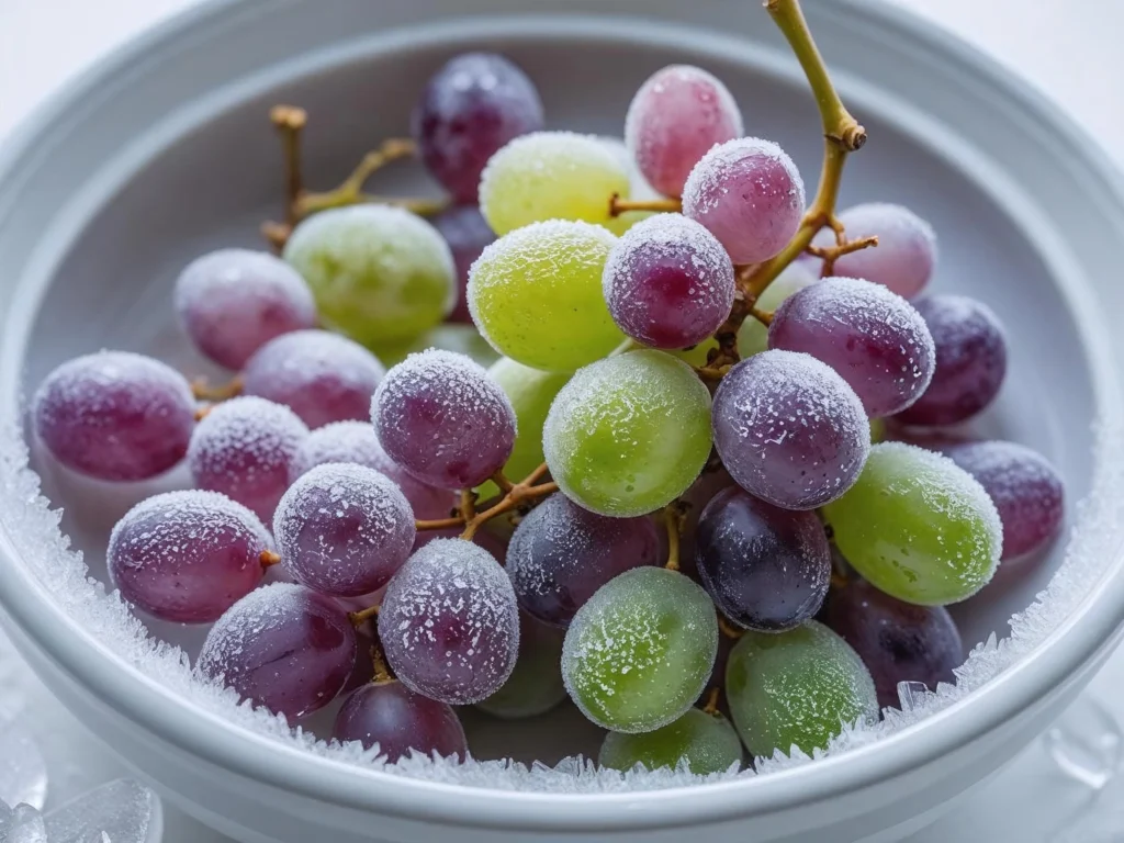 Frozen grape clusters guilt-free snacks low-calorie recipe showing frosted purple and green grapes for refreshing healthy snacking