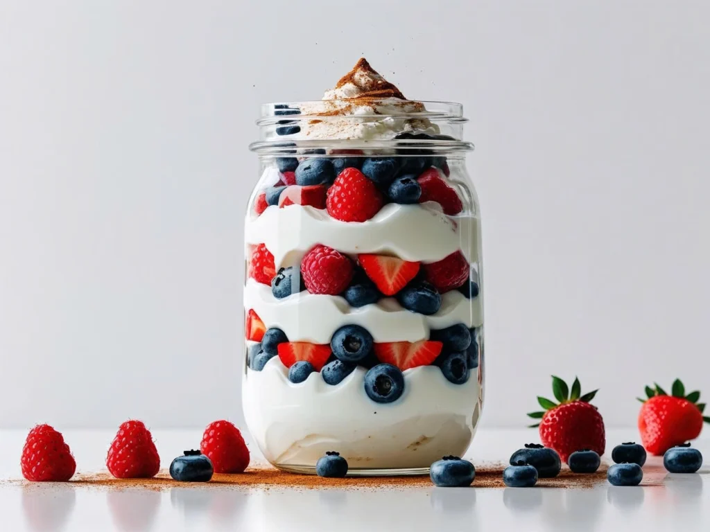 Greek yogurt berry parfait guilt-free snacks low-calorie recipe with layered yogurt, mixed berries, and cinnamon in glass jar