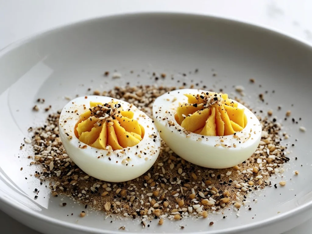 Hard-boiled eggs with everything seasoning guilt-free snacks low-calorie recipe showing protein-rich eggs sprinkled with seasoning blend