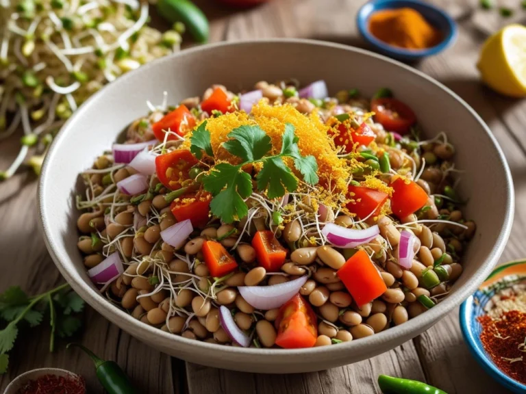 Bowl of colorful matki bhel made with sprouted moth beans, onions, tomatoes, and spices on wooden table