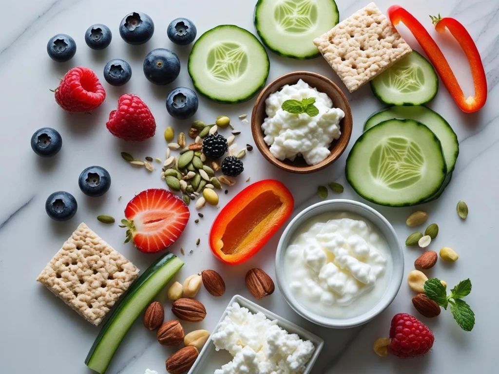 Healthy snacking ingredients for guilt-free snacks low-calorie recipes arranged on marble surface including fruits, vegetables, yogurt, and nuts