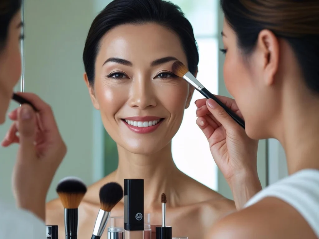 Confident woman applying makeup to smooth under-eye area after successful orbital fat loss treatment showing improved appearance