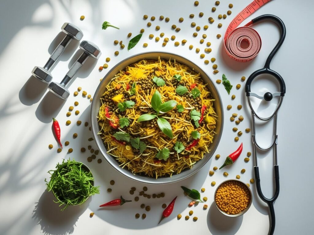 Matki bhel surrounded by health symbols representing protein, weight management, and wellness benefits