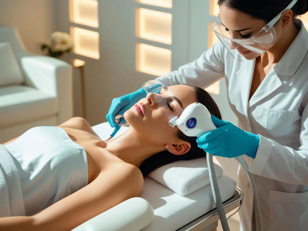 Patient receiving non-surgical radiofrequency treatment for orbital fat reduction in professional medical spa setting
