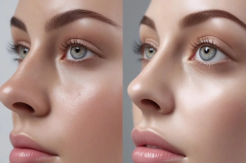 Before and after comparison showing orbital fat loss treatment results with reduced under-eye bags and improved eye area appearance