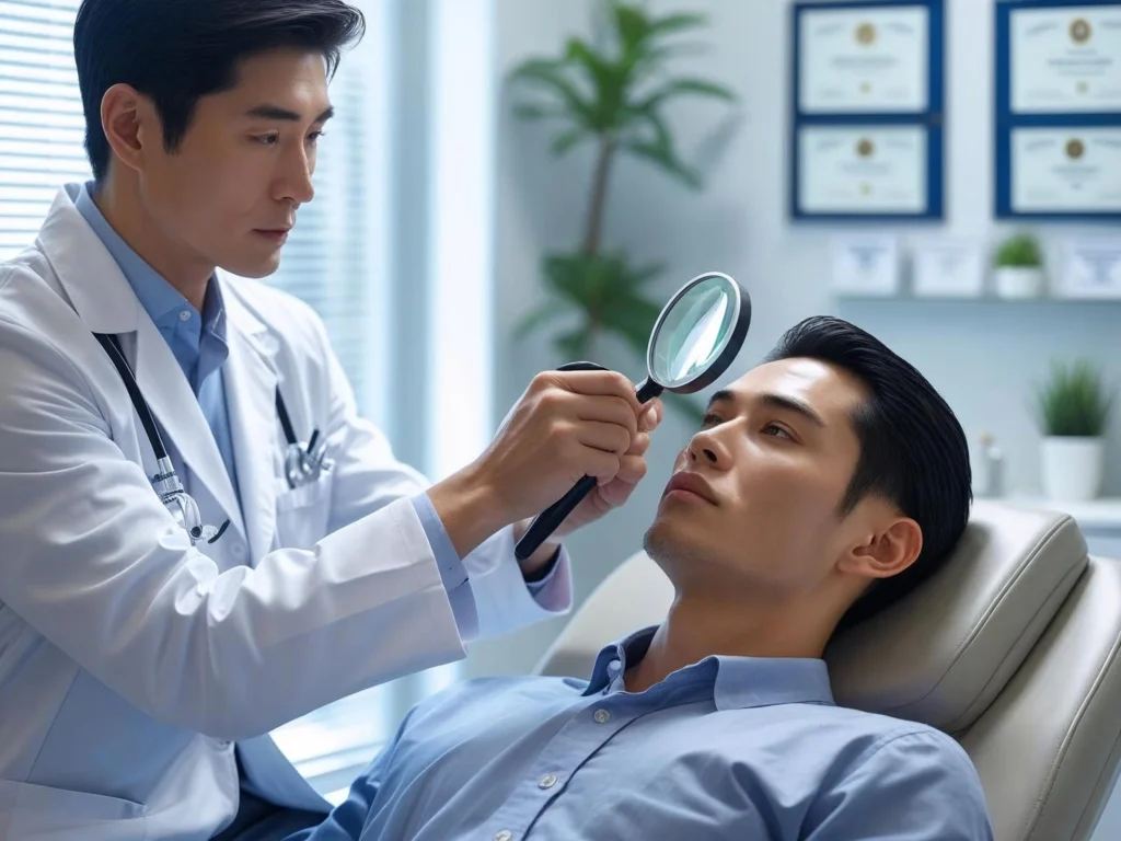 Plastic surgeon conducting detailed consultation and examination for orbital fat loss blepharoplasty procedure