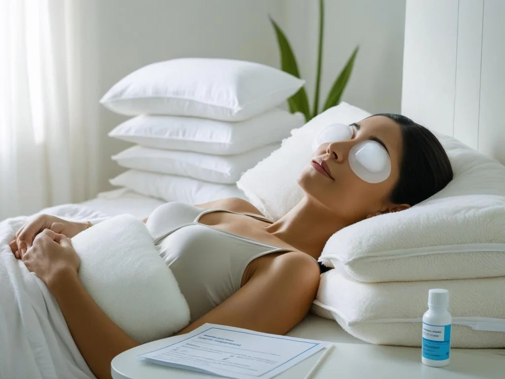 Patient recovering at home after orbital fat loss treatment with ice packs and following proper aftercare instructions