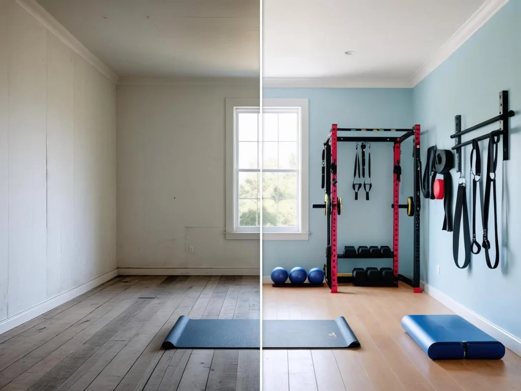 Before and after comparison showing empty room transformed into perfect home gym on a budget with organized equipment storage