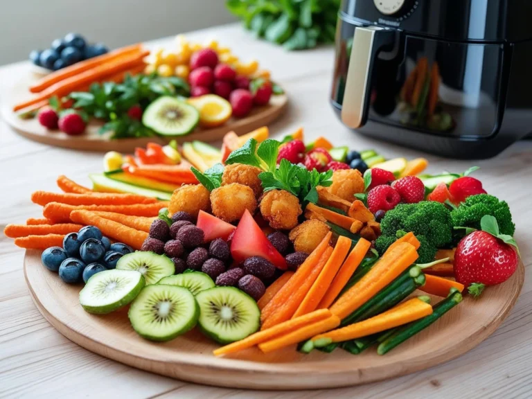Assortment of healthy air fryer snacks including sweet potato fries, roasted chickpeas, vegetable chips, and kale chips arranged on marble countertop with modern air fryer