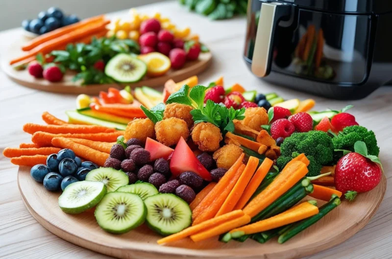 Assortment of healthy air fryer snacks including sweet potato fries, roasted chickpeas, vegetable chips, and kale chips arranged on marble countertop with modern air fryer