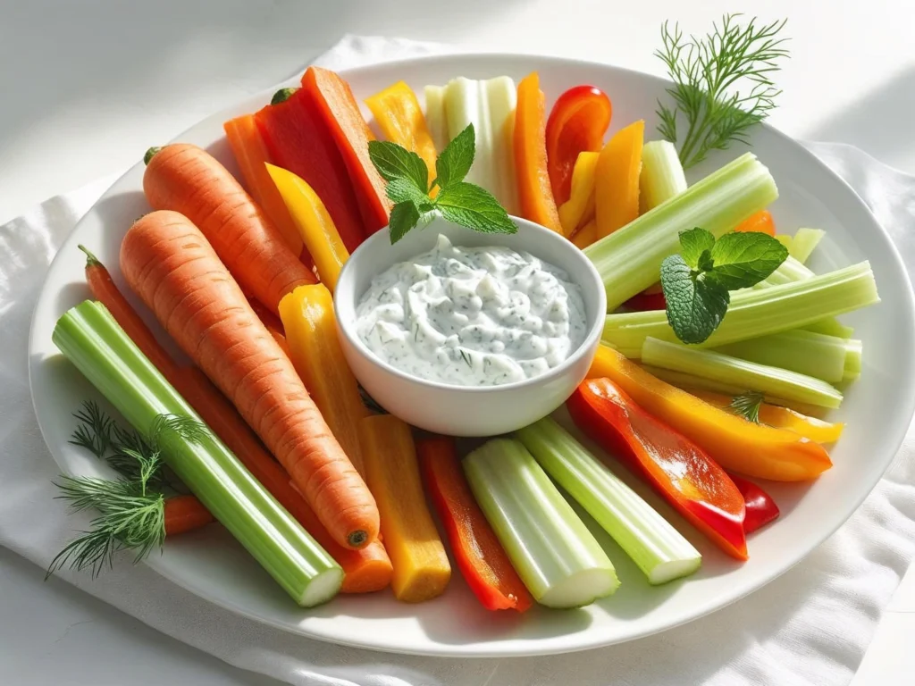 Vegetable sticks with tzatziki guilt-free snacks low-calorie recipe featuring colorful bell peppers, carrots, celery with homemade tzatziki dip