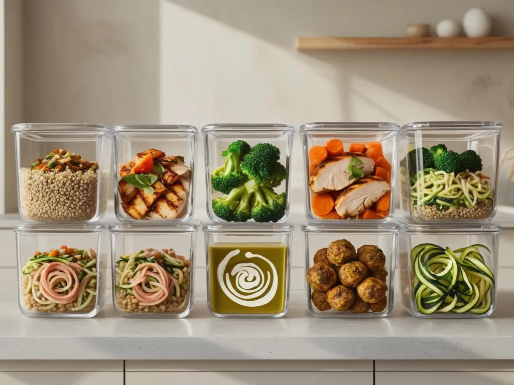 Glass meal prep containers filled with healthy weight loss meals including quinoa bowls, grilled chicken, lentil soup, and turkey meatballs arranged on kitchen counter