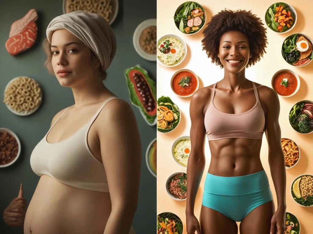 Weight loss transformation journey showing before and after results with healthy weight loss meals featured in the background