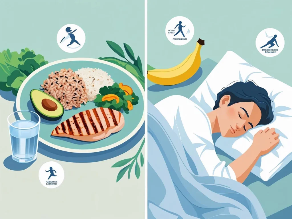 A balanced plate with healthy food, a glass of water, a banana, and a person peacefully sleeping — representing nutrition and recovery for fitness.