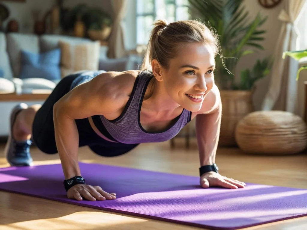 Beginner woman Start Workout at Home doing modified knee push-ups on yoga mat in bright living room demonstrating proper form for home workout