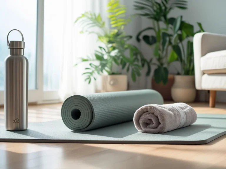 Start workout at home with yoga mat on hardwood floor, natural window lighting, water bottle and towel setup for beginner fitness routine