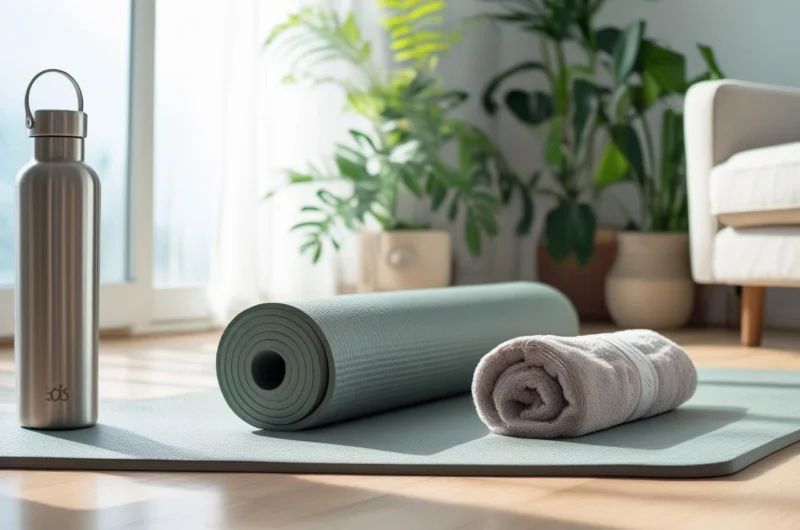 Start workout at home with yoga mat on hardwood floor, natural window lighting, water bottle and towel setup for beginner fitness routine