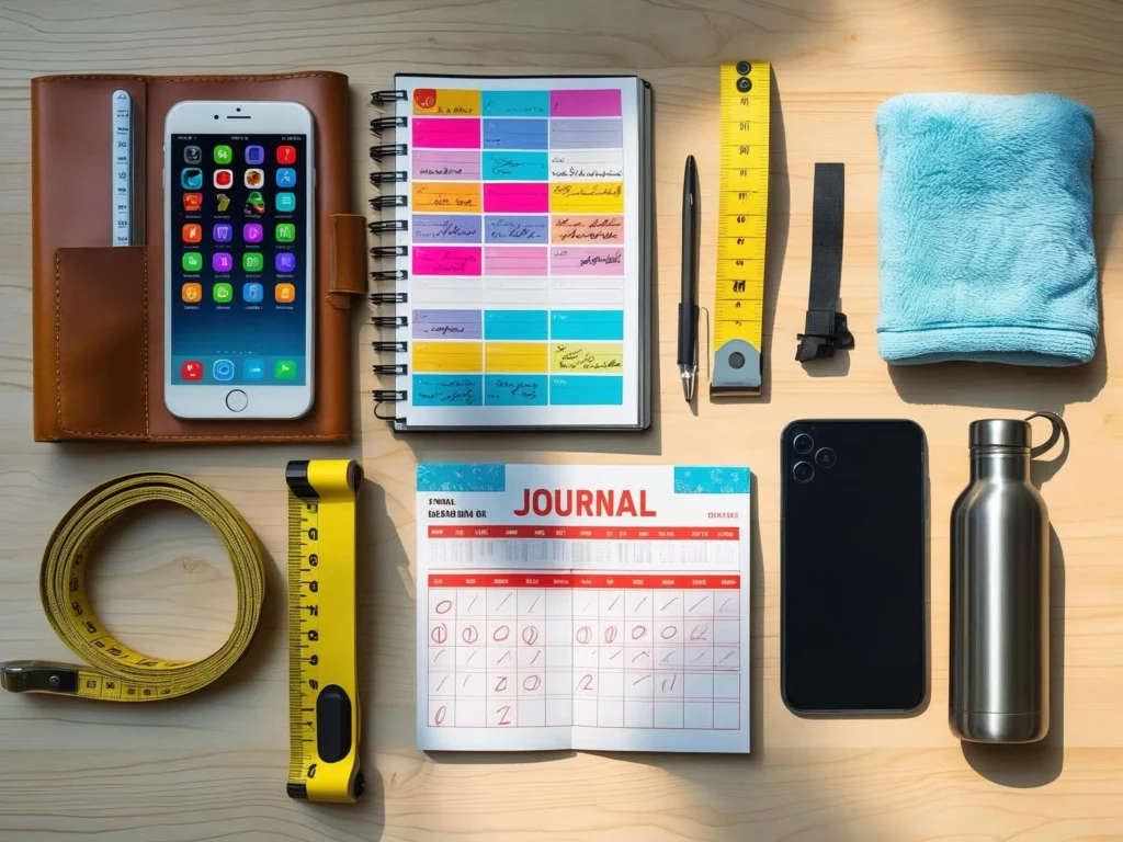 Fitness tracking tools including smartphone app, workout journal, calendar with checkmarks, and water bottle for monitoring home workout progress