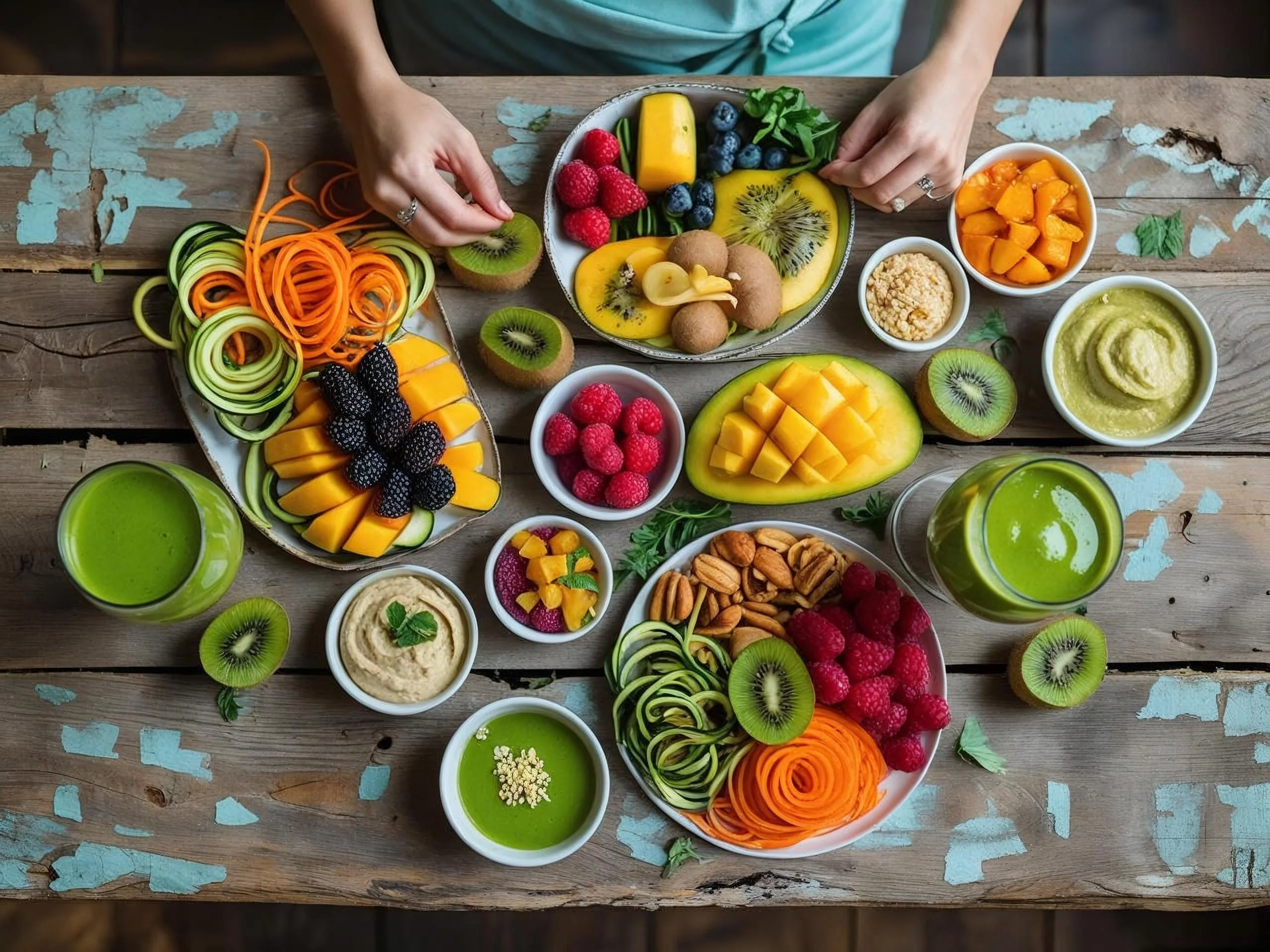 Hero image of Vibrant Raw Food Vegan Diet Recipes spread on table