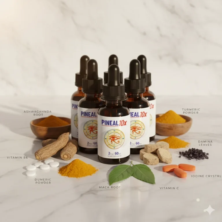 Pineal 10x supplement bottles with dropper surrounded by natural ingredients showcasing advanced amino formula supplements