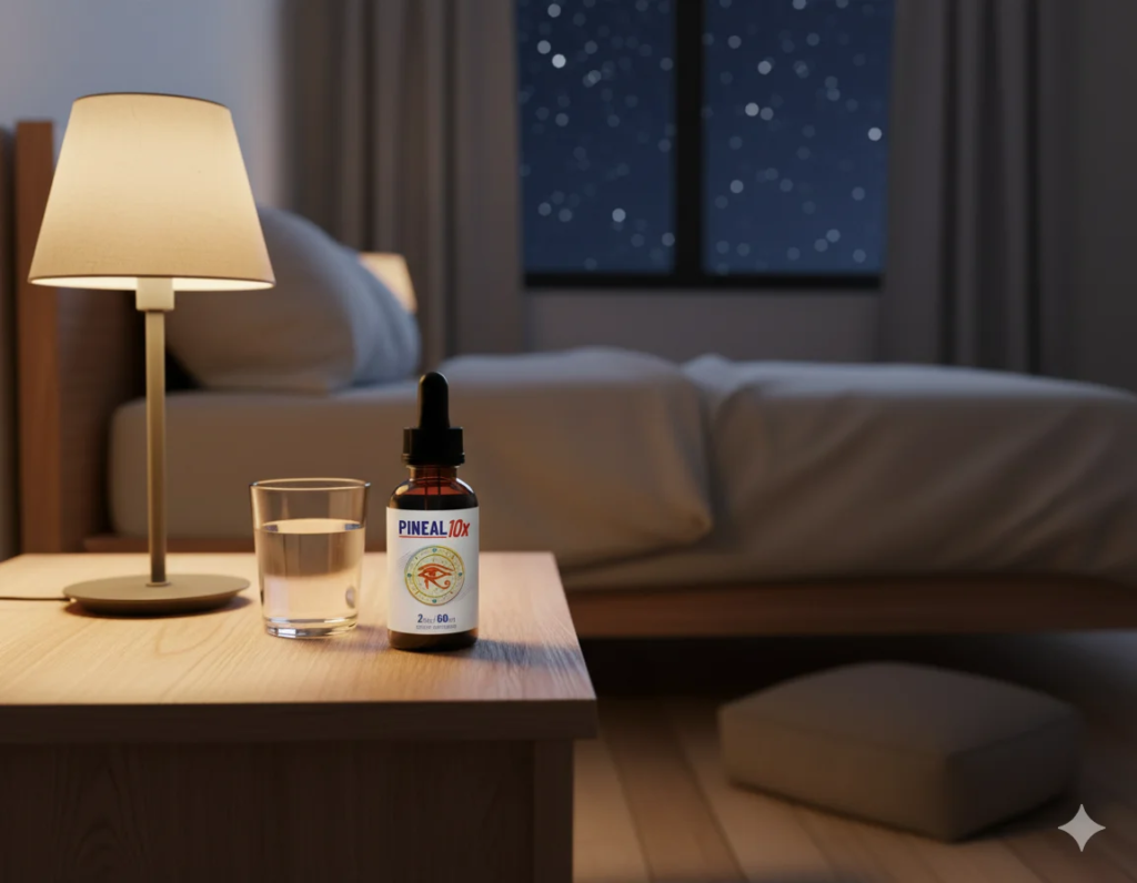 Nighttime scene with Pineal 10x Supplements on bedside table symbolizing support for melatonin cycles, deep sleep, and calm clarity